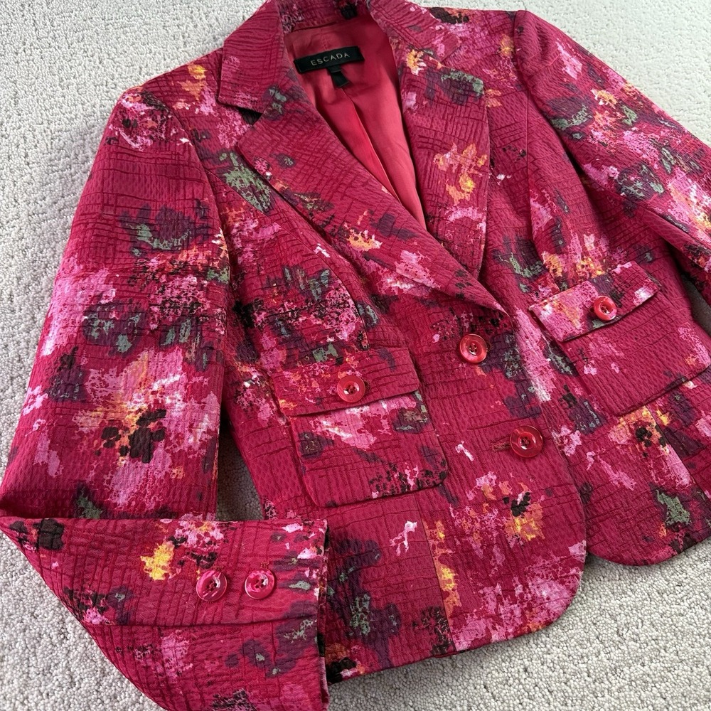 Escada Womens Floral Textured Blazer Jacket Pink‎ Red Silk Blend Size 38 (US 8)